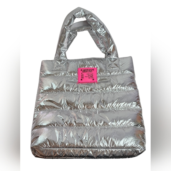 Justice Girls' Metallic Silver Puffy Puffer Tote Bag Purse Travel School Bag New - Picture 1 of 7